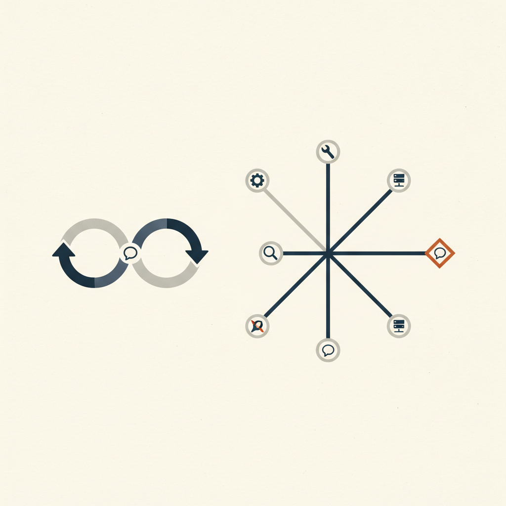 Abstract visualization of interconnected decision nodes and feedback loops on a dark background, editorial and minimal