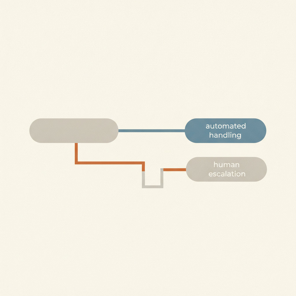 Abstract illustration of two distinct workflow streams merging into a single desk, one mechanical and one organic, muted blues and warm amber