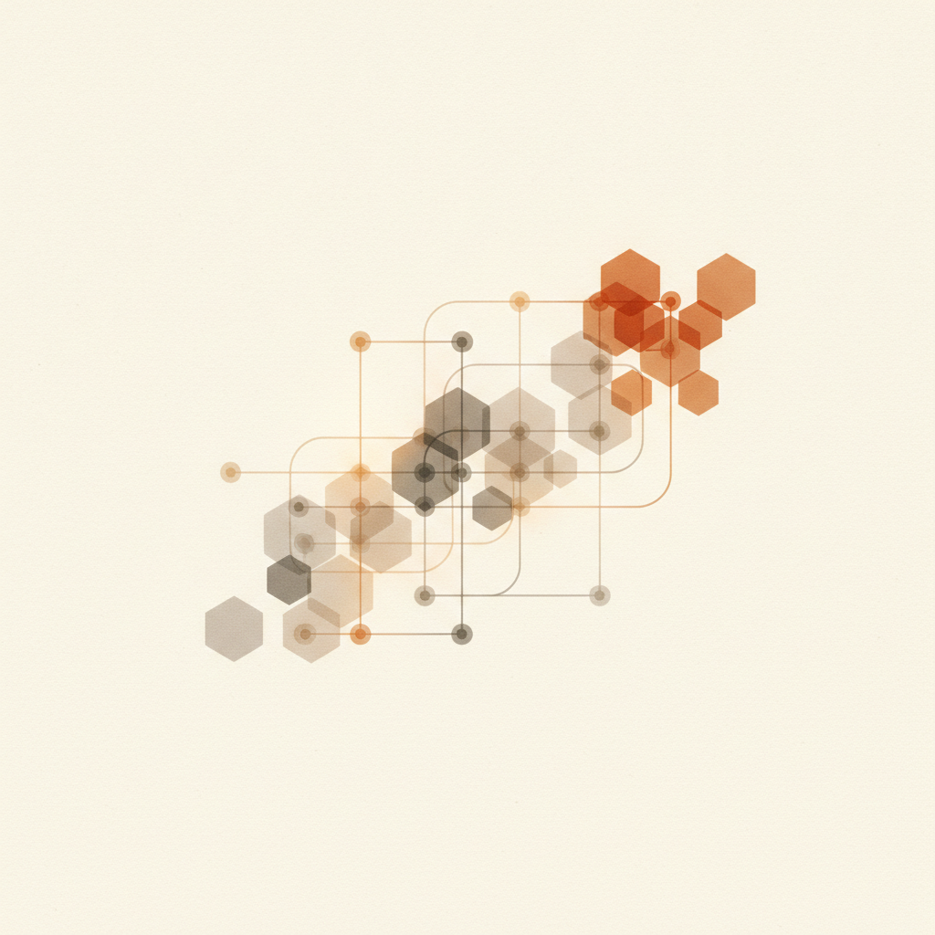 Abstract visualization of branching invisible pathways through a digital fog, muted blues and grays, editorial style
