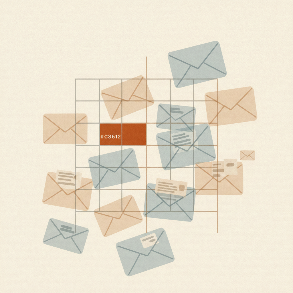 Abstract overhead view of a cluttered wooden desk with scattered envelopes and a single glowing sorted stack, muted earth tones